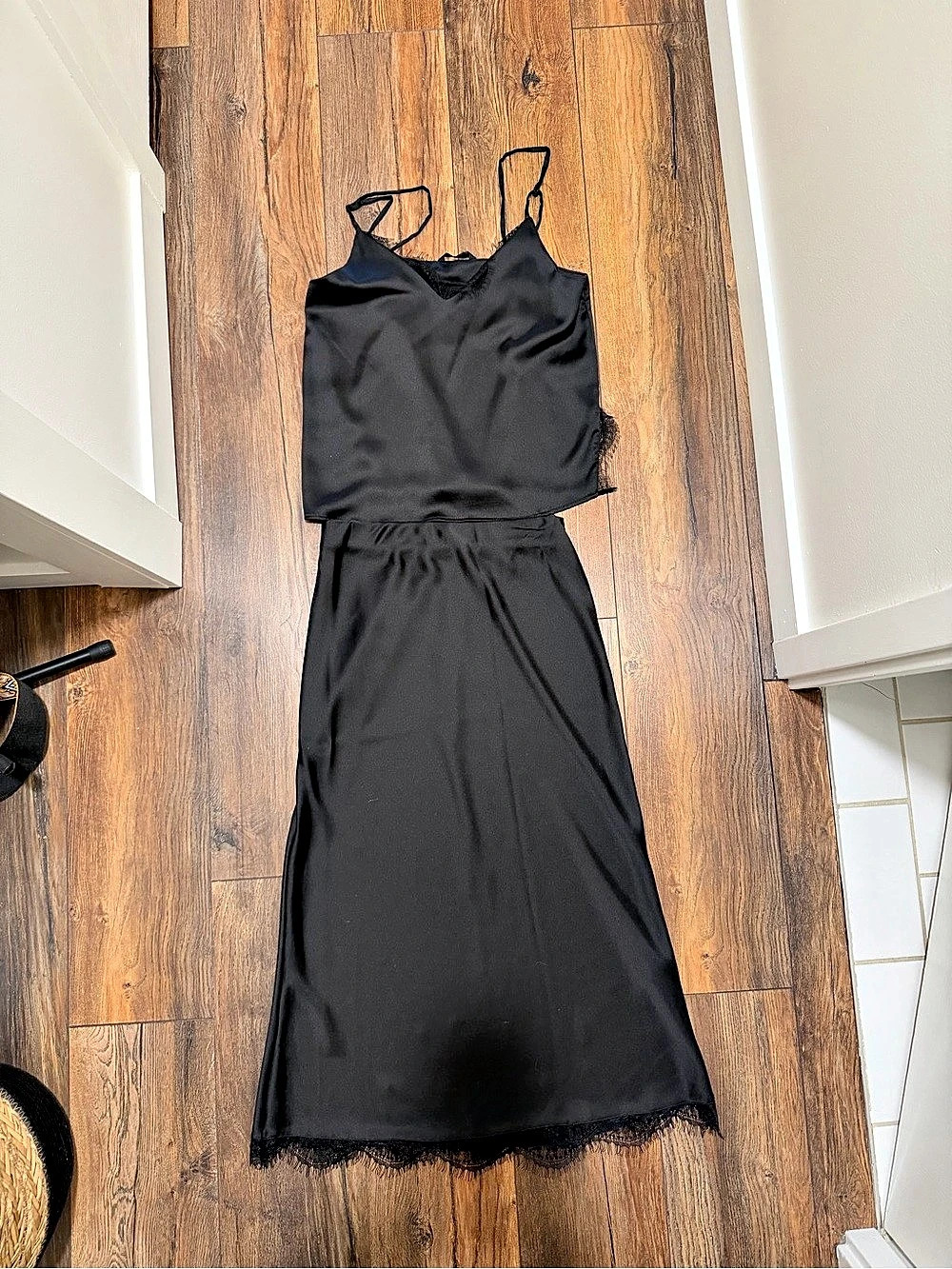 Zara Black Lace Trim Silk shirt/skirt